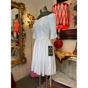 vintage 1980s white fit and flare dress off the shoulders jersey full skirt sm